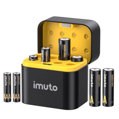 Imuto AA 3000mWh and AAA 1300mWh lithium rechargeable battery set with 8-slot charger on white background front view