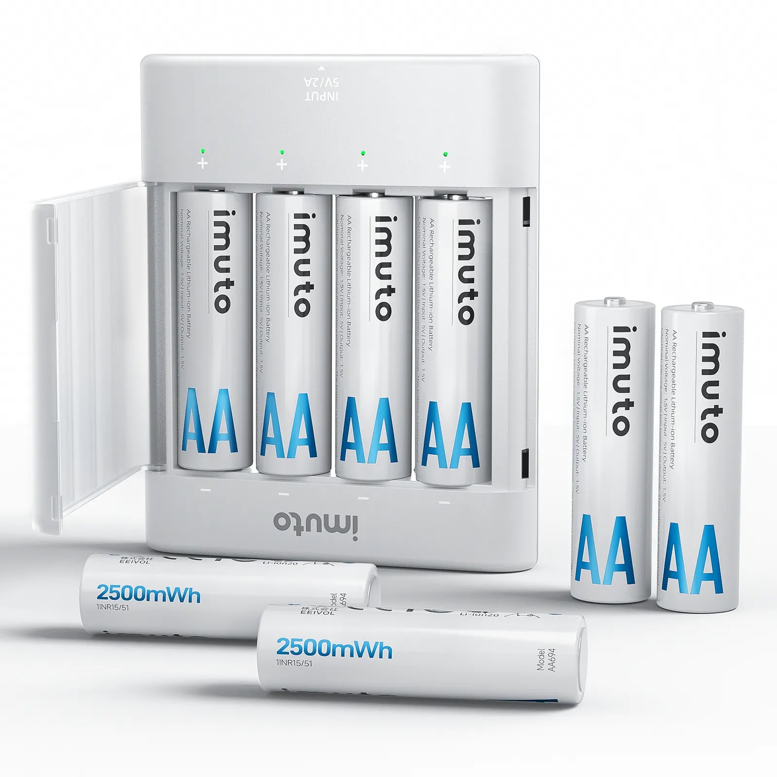 Imuto AA 2500mWh lithium rechargeable battery set with 4-slot charger and 8-pack batteries on white background