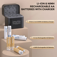 Imuto 2500mWh&amp;2700mAh AA 鋰電池和鎳氫電池套裝，帶 8 槽充電器，8 節裝