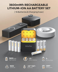 Imuto 3600mWh AA 鋰電池套裝，含 8 槽充電器，16 節裝