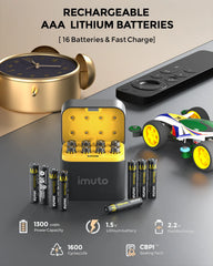 Imuto 1300mWh AAA 鋰電池套裝，含 8 槽充電器，16 節裝