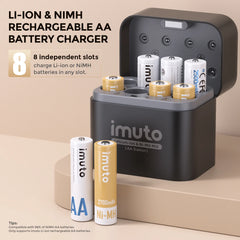 Imuto 2500mWh&amp;2700mAh AA 鋰電池和鎳氫電池套裝，帶 8 槽充電器，8 節裝