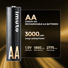 Imuto 3000mWh 鋰離子 AA 充電電池 – 4 節/8 節裝