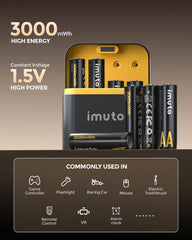 Imuto 3000mWh AA 鋰電池套裝，含 8 槽充電器，8 節裝