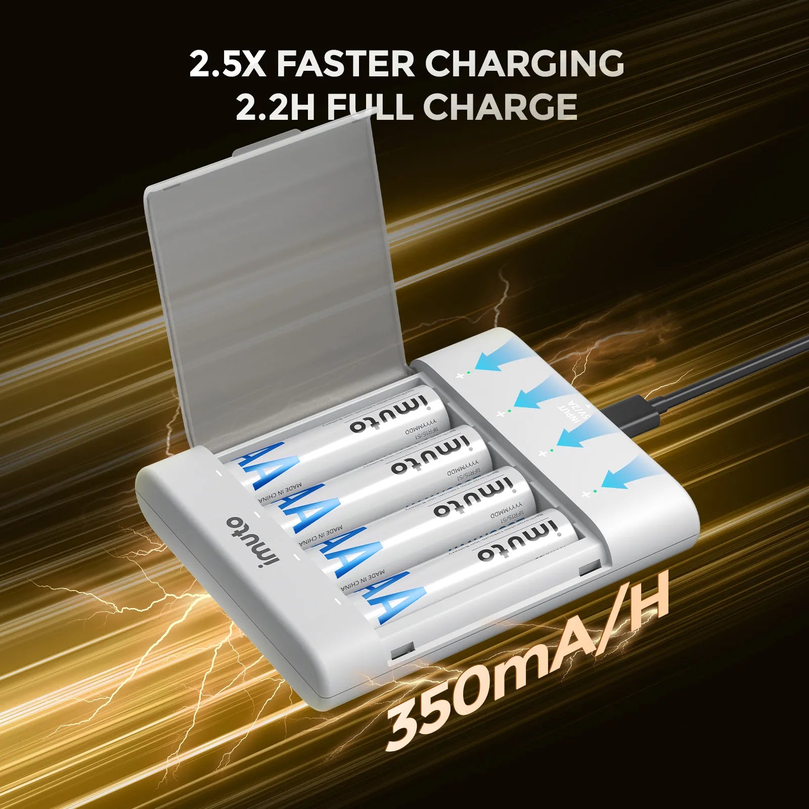 Imuto AA 2500mWh lithium batteries charging in 4-slot charger with 2.2 hour full charge and 2.5x faster performance