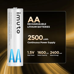 Imuto AA 2500mWh rechargeable lithium battery highlighting 1.5V high power and continuous power supply performance