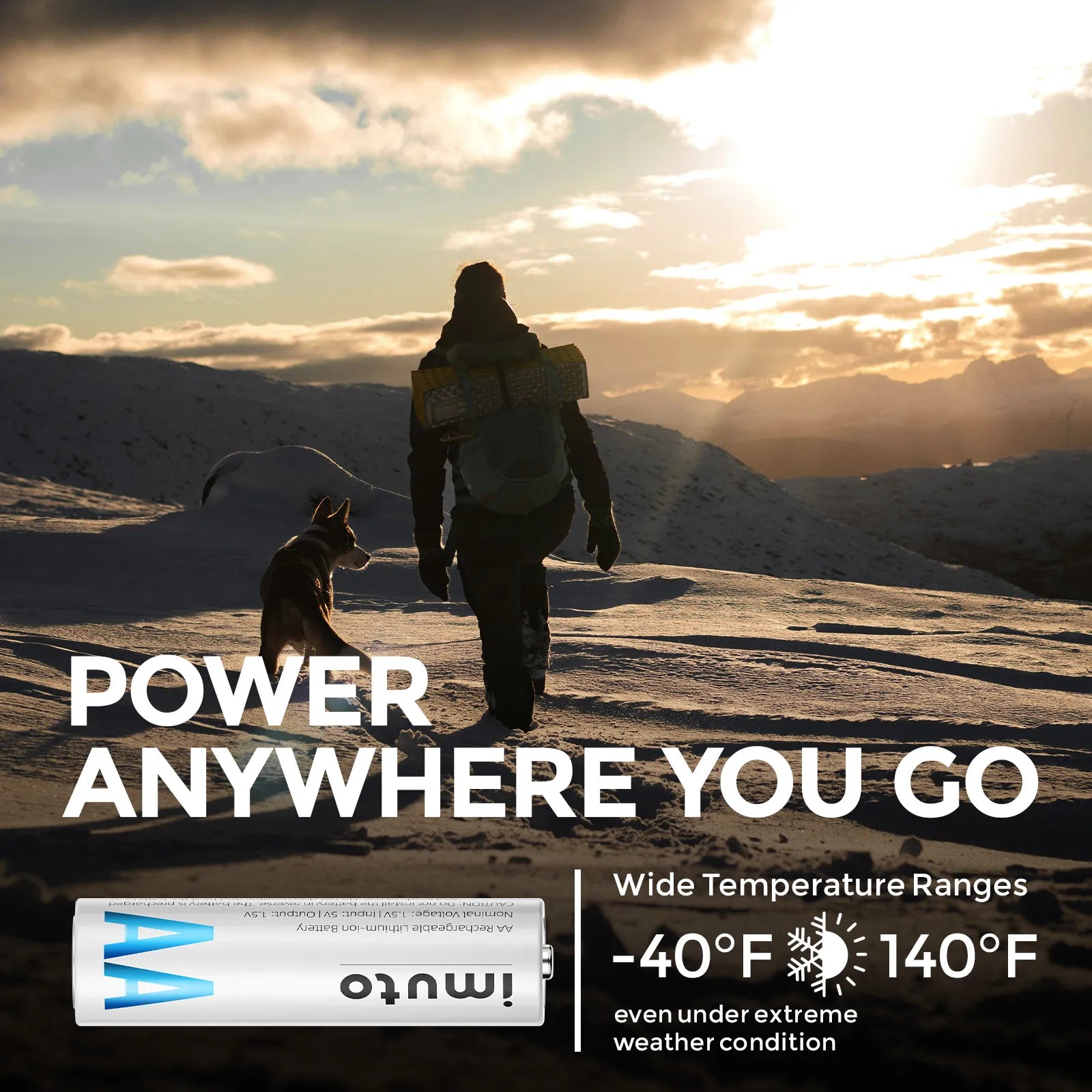 Imuto AA 2500mWh lithium rechargeable battery operating in wide temperature range from minus 40 to 140 degrees Fahrenheit outdoors