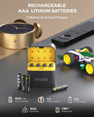 Imuto AAA 1300mWh rechargeable lithium batteries with 8-slot charger, fast charge 2.2H, used for remote, toys and electronics